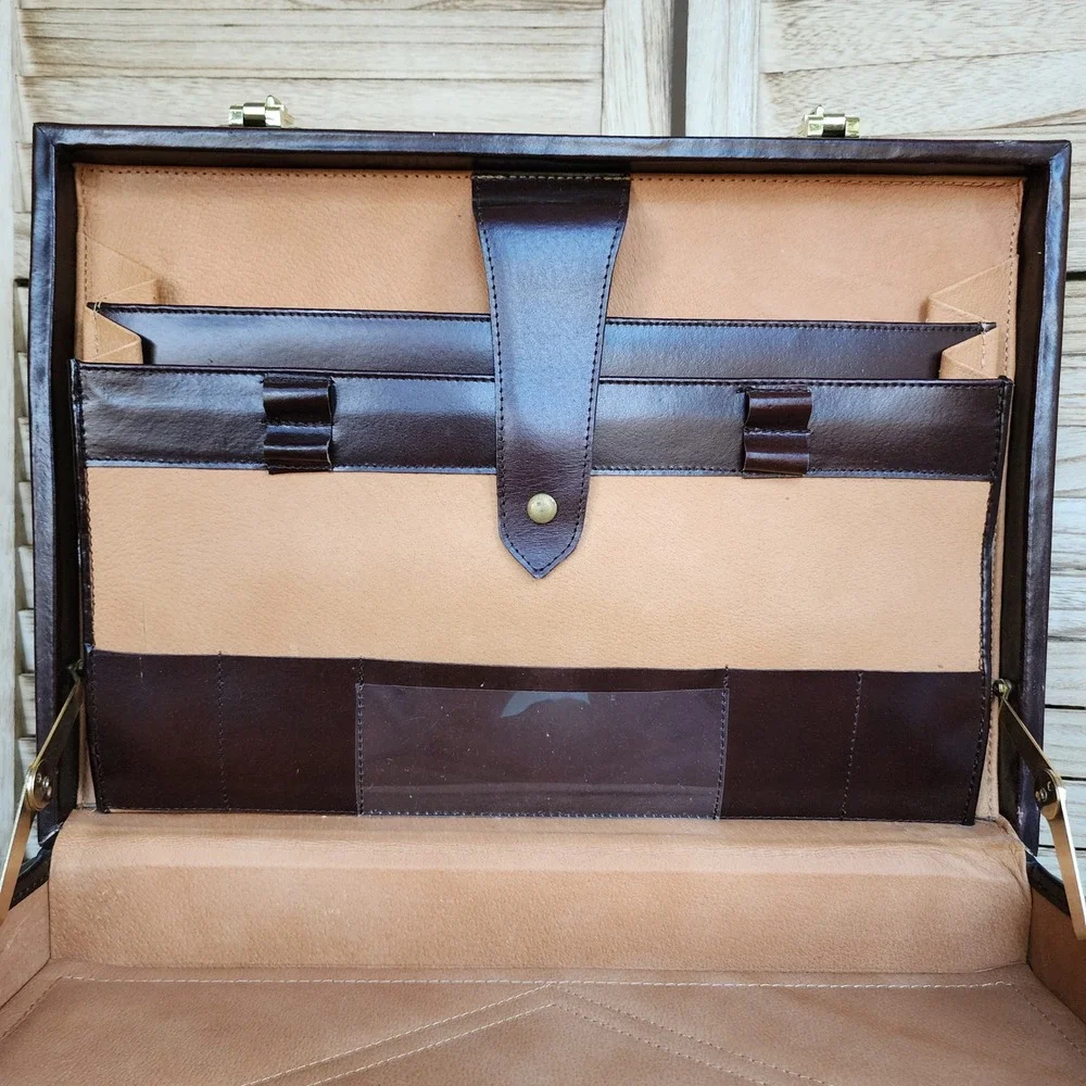 Vintage Presto Brown Leather Briefcase Portfolio Combination Lock Mod Retro